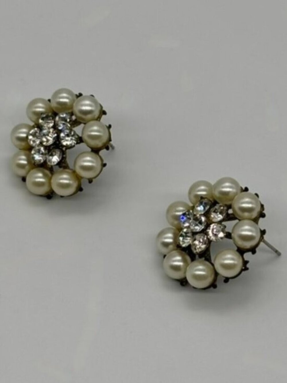 Vintage Faux Pearl and Clear Rhinestone Silver-Tone Metal Post Earrings Unmarked